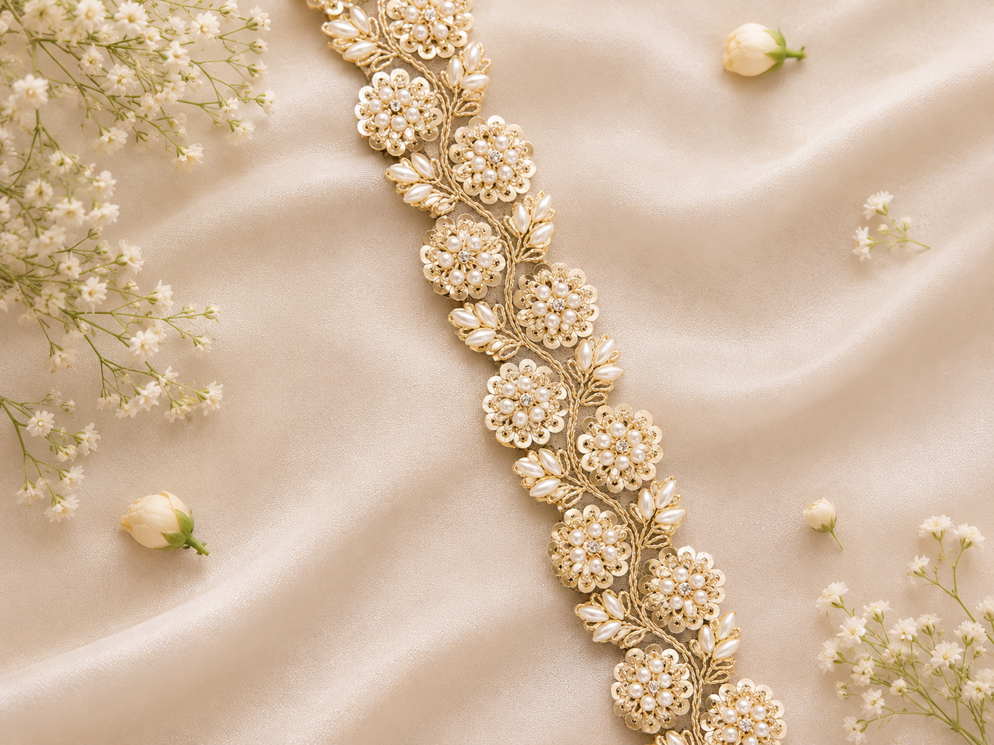 Luxury Handmade Floral Pearl Zardozi Lace Border for Saree, Lehenga, Dupatta & Bridal Wear | Premium Designer Embroidery Lace
