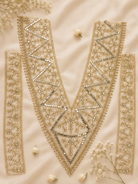 Premium Handmade Pearl Embroidered Blouse Neck Patch for Saree, Lehenga & Kurti | Designer Mirror Work Neckline Appliqué