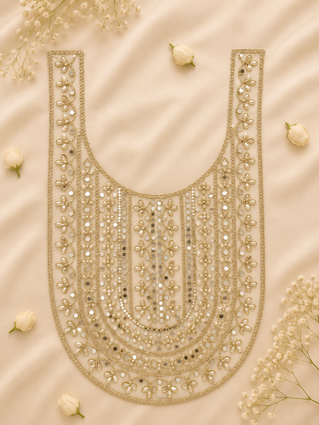 Luxury Handmade Pearl Mirror Work Embroidered U-Neck Patch for Blouse, Kurti, Saree & Lehenga | Designer Floral Neckline Appliqué