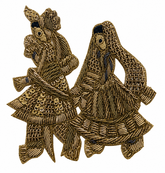 Golden Traditional Couple Embroidered Patch with Zari, Dabka & Handwork for Saree Borders, Punjabi Suits, Lehenga & Designer Blouse