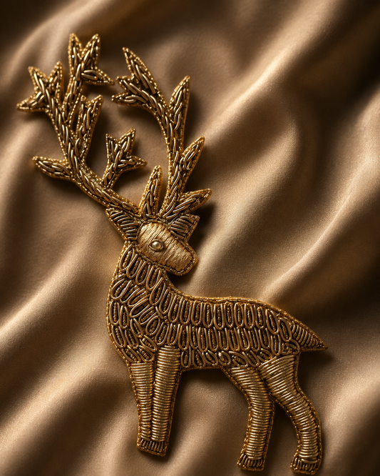 Luxury Golden Deer Embroidered Patch with Zari & Dabka Work for Saree Borders, Punjabi Suits, Lehenga & Designer Blouse