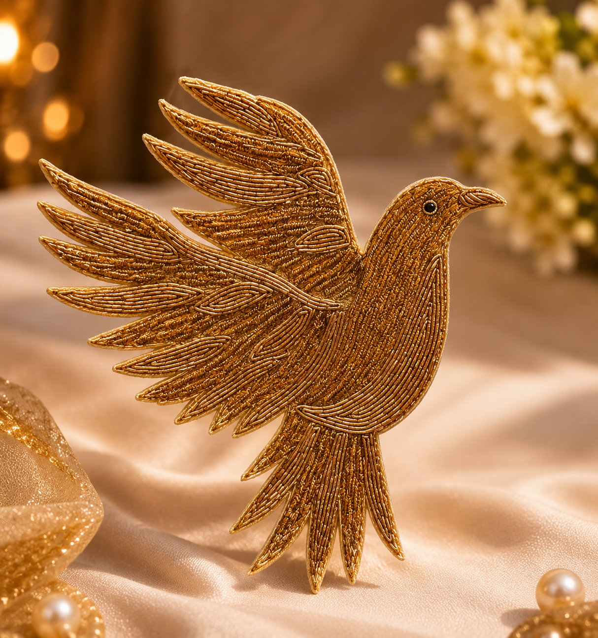 Golden Flying Bird Embroidered Patch with Zari Thread Work for Saree Borders, Punjabi Suits, Lehenga & Designer Blouse