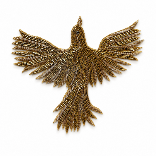 Golden Phoenix Bird Embroidered Patch with Beads & Zari Work for Saree Borders, Punjabi Suits, Lehenga & Blouse Design