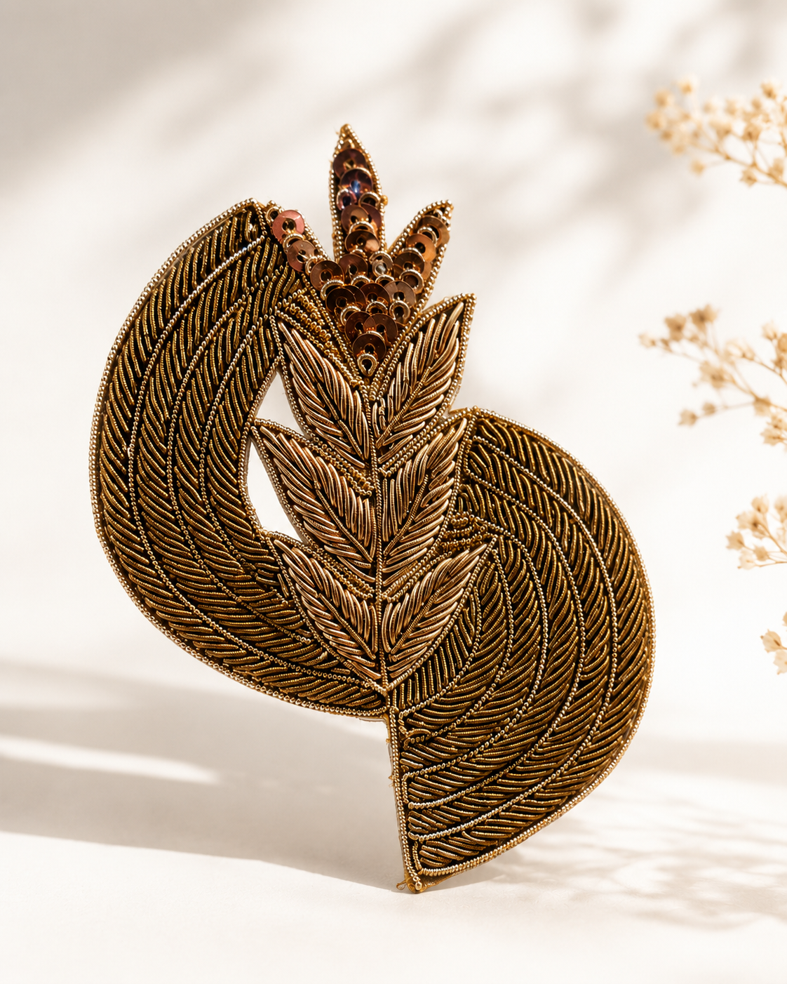 Golden Leaf Embroidered Patch with Sequins & Zari Work for Saree Borders, Punjabi Suits, Blouse & Lehenga Decoration
