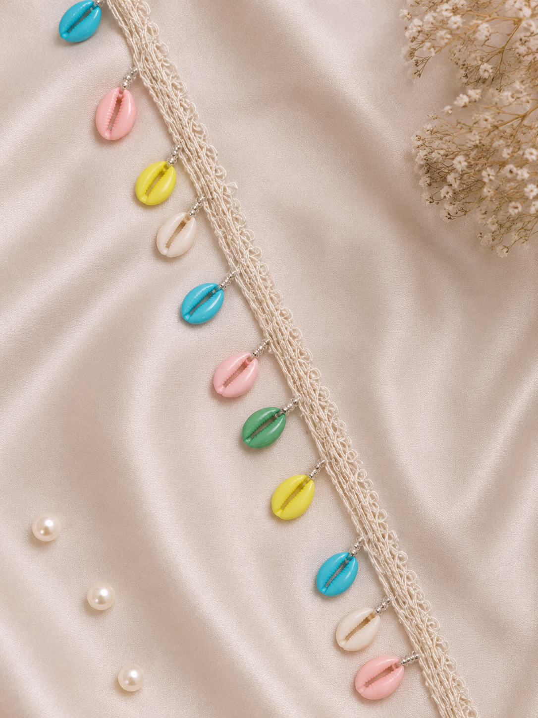 Multicolor Cowrie Shell Latkan Lace Trim (8 mtr) for Saree, Blouse, Dupatta & Boho Designer Wear
