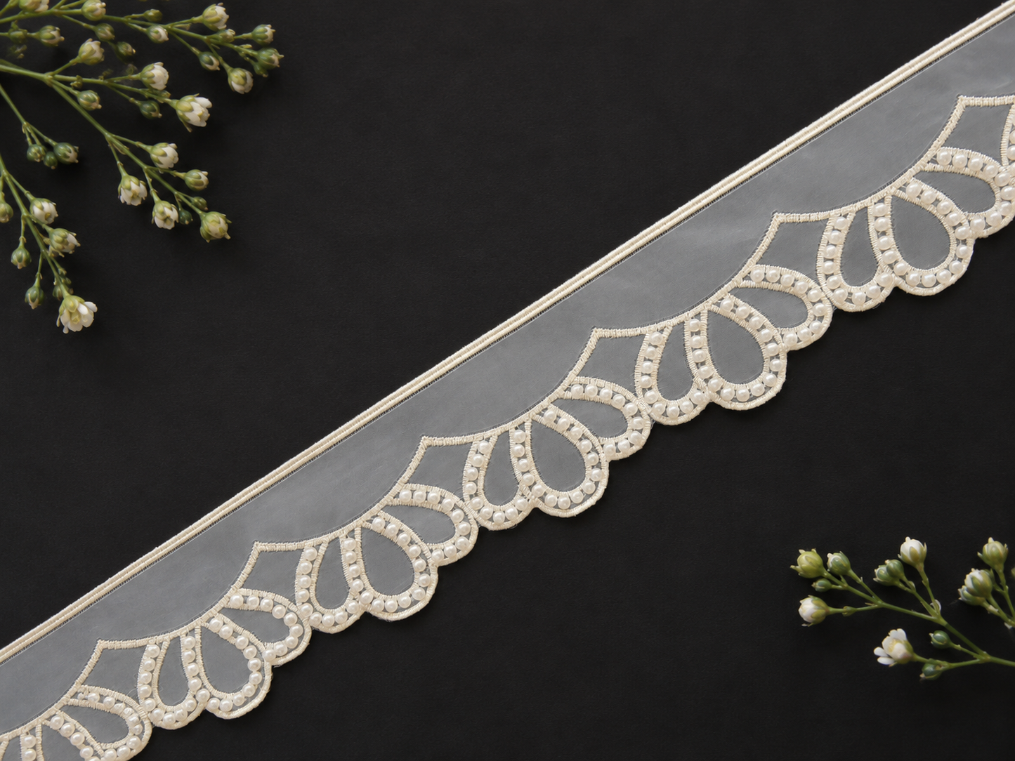 Elegant Pearl Embroidery (organza) Lace Border Trim (9 mtr) for Saree, Blouse & Bridal Designer Wear