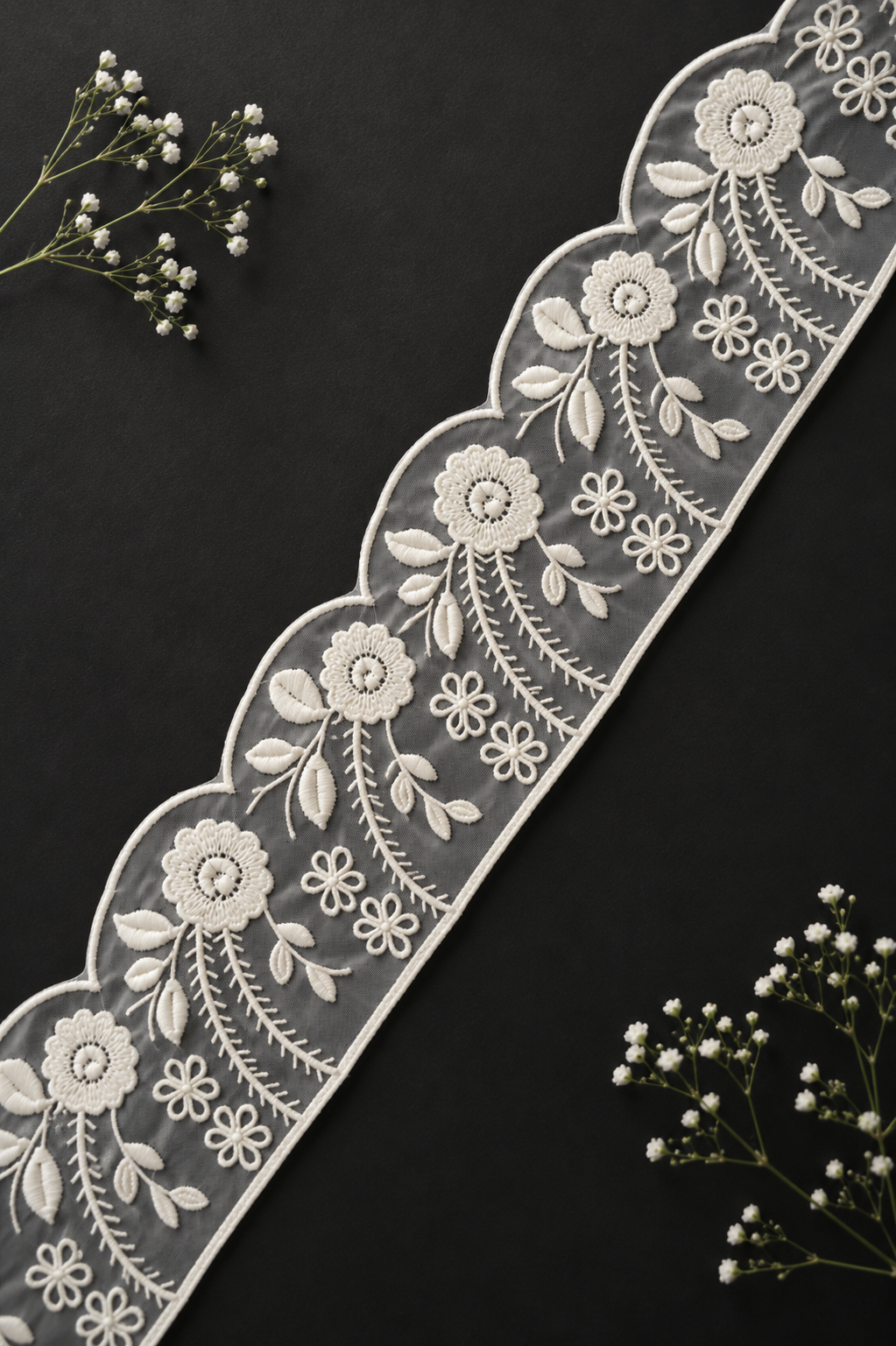 Elegant White Floral Embroidery Lace Border on Net for Saree, Blouse & Designer Wear