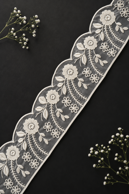 Elegant White Floral Embroidery Lace Border on Net for Saree, Blouse & Designer Wear