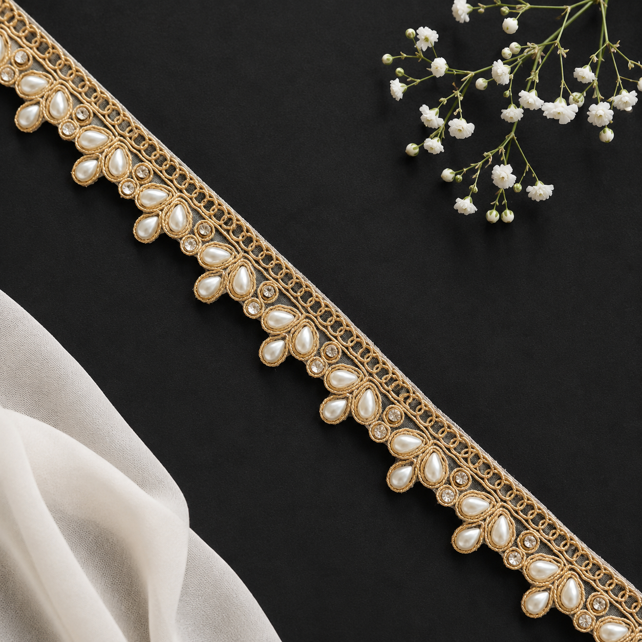 Luxury Gold Pearl Drop Embroidery Lace Border Trim (9 mtr) for Saree, Blouse & Bridal Designer Wear