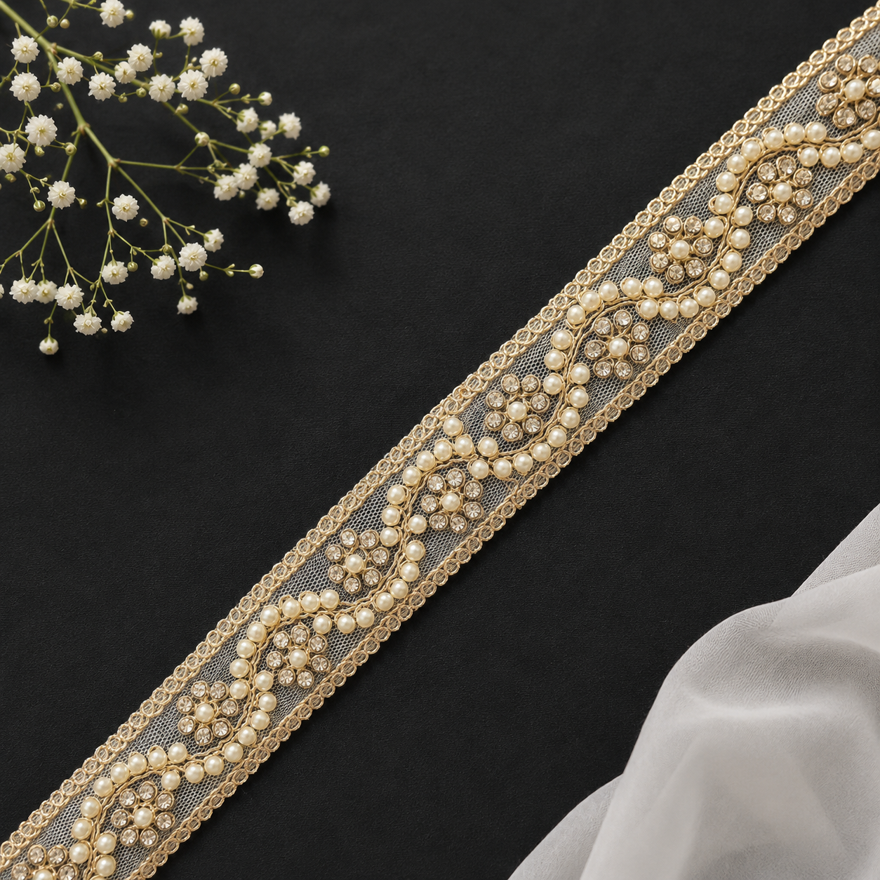 Luxury Gold Pearl & Stone Embroidery Lace Border Trim (9mtr) for Saree, Blouse & Bridal Wear