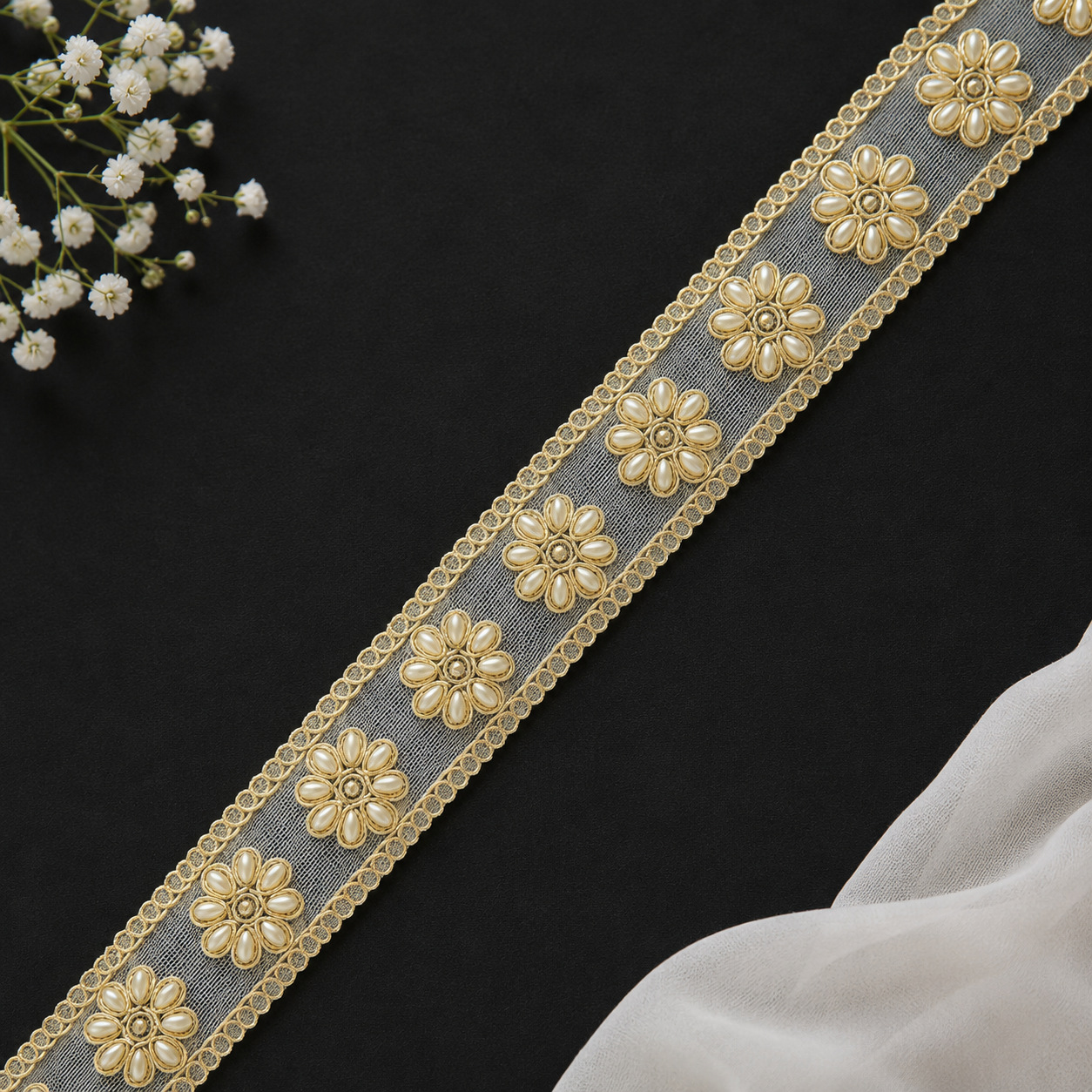 Luxury Gold Floral Pearl Embroidery Lace Border Trim for Saree, Blouse & Bridal Wear