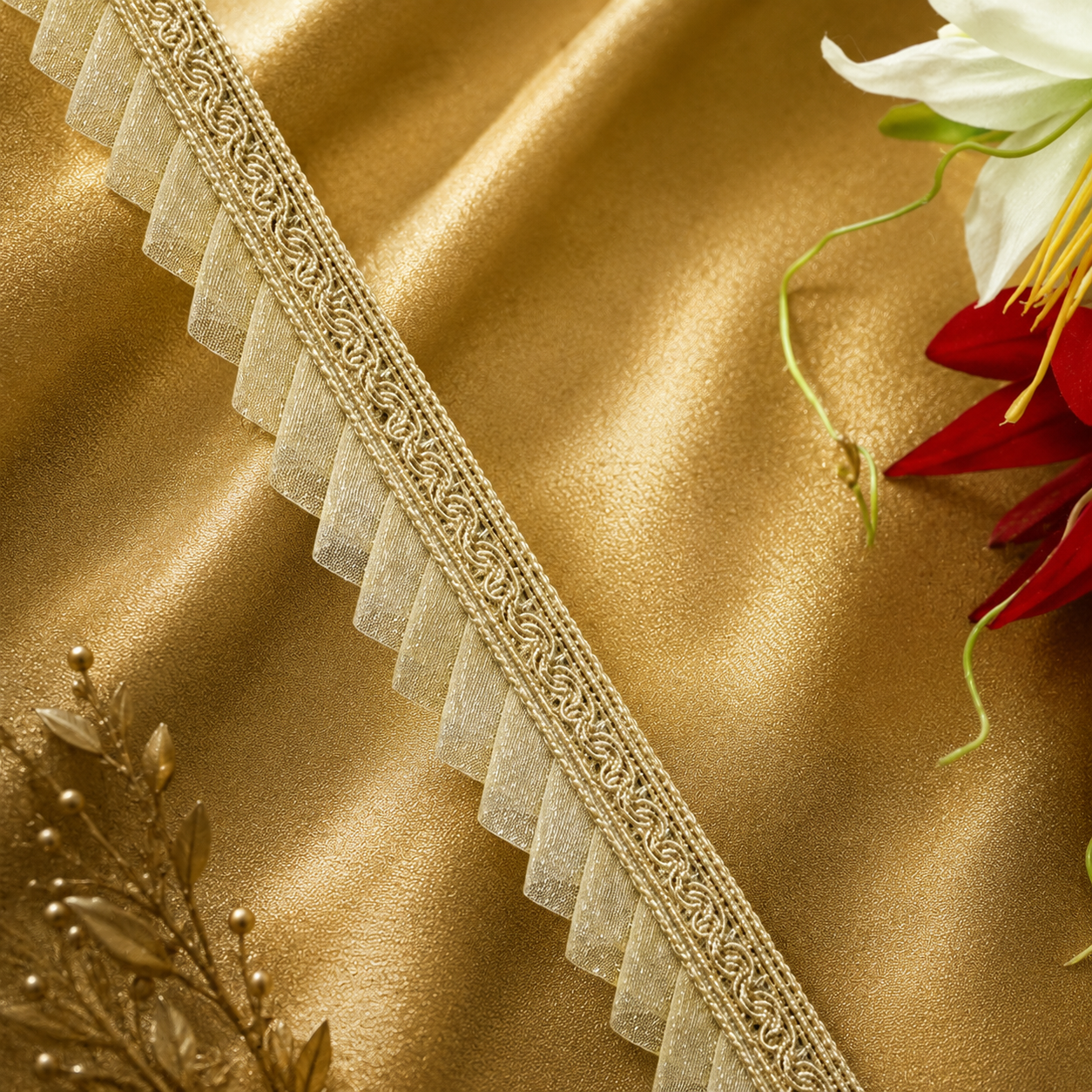 Golden Handmade Pleated Lace Border with Net Frill (36 mtr) – Designer Ethnic Trim for Saree, Lehenga & Dupatta