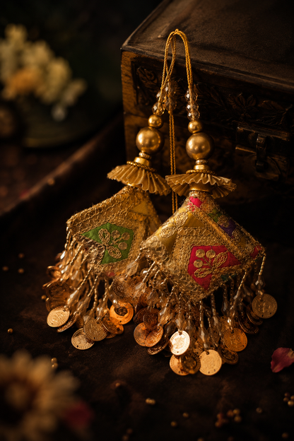 Handcrafted Ethnic Tassels with Coins, Beads & Crystal Drops (one pair) – Designer Golden Hanging for Lehenga, Blouse & Dupatta