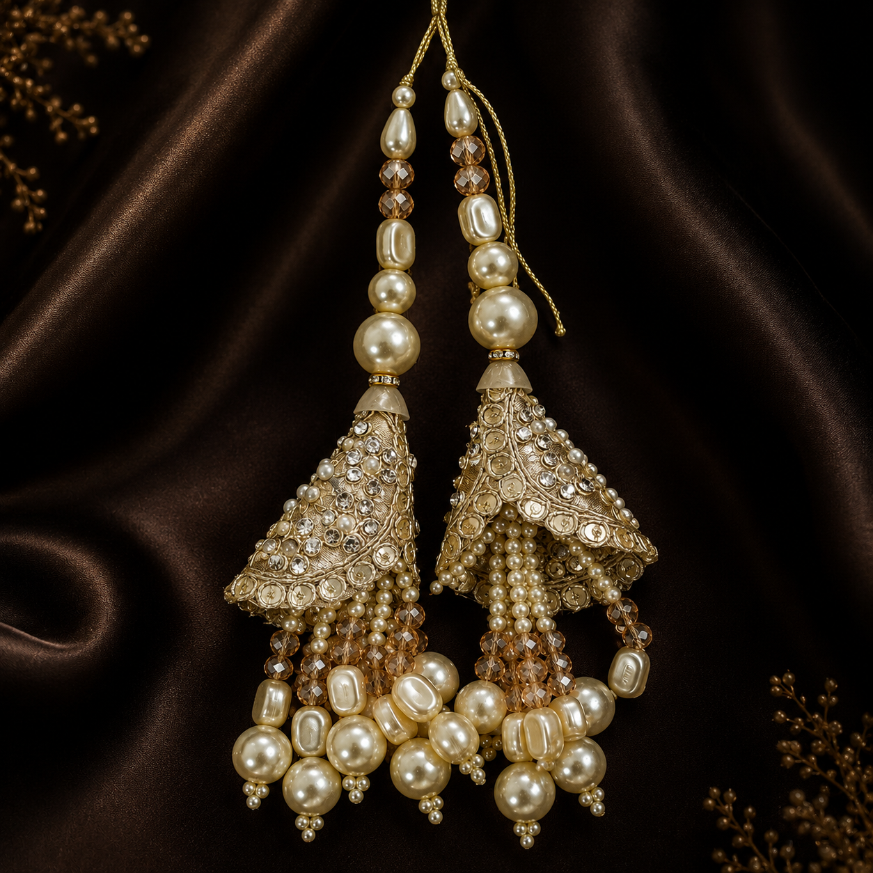 Luxury Pearl & Crystal Tassels (Latkan) with Golden Embroidery (one pair) – Designer Bridal Hanging for Lehenga, Blouse & Dupatta