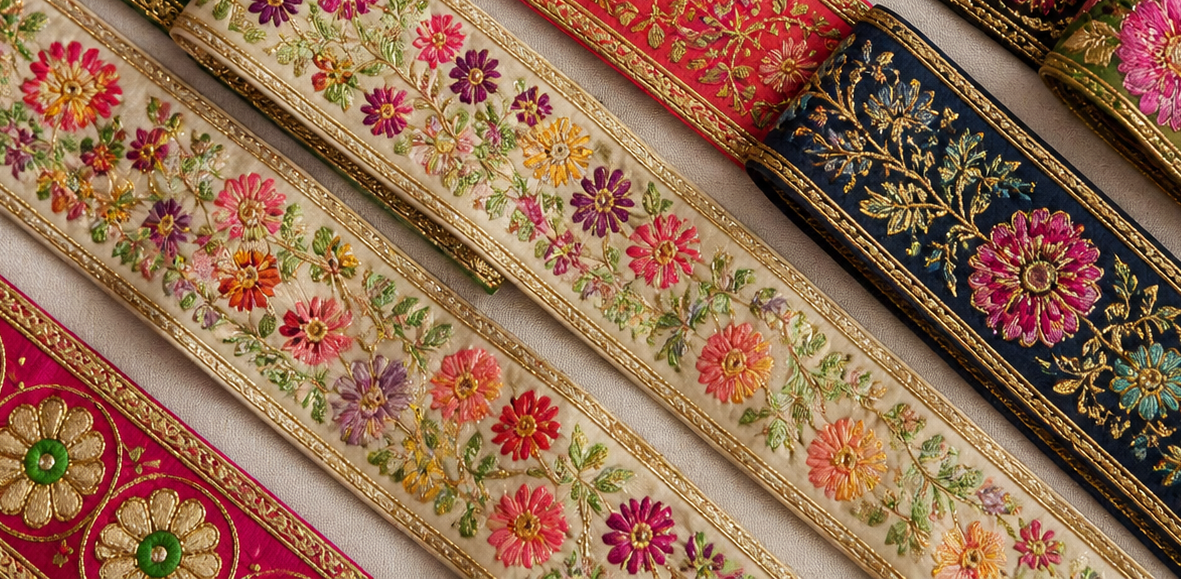 Decorative ribbons with floral patterns on a neutral background