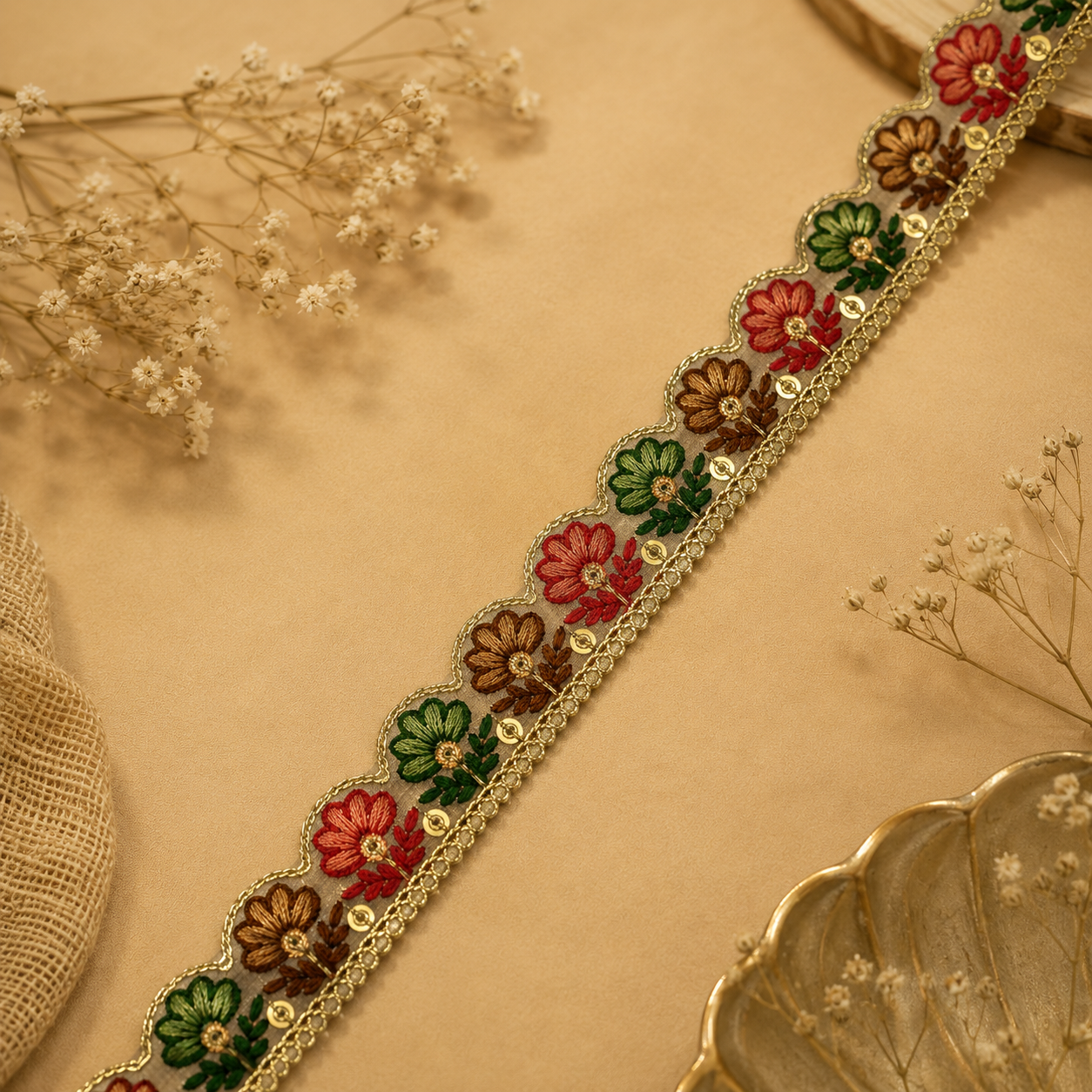 Multicolor Floral Embroidered Lace Trim – Designer Scalloped Border for Saree, Blouse, Dupatta & Dresses