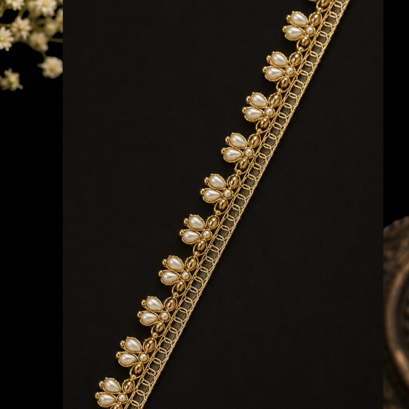 Golden Handmade Pearl Floral Lace Border (9 mtr) – Designer Ethnic Lace Trim for Saree, Lehenga & Dupatta