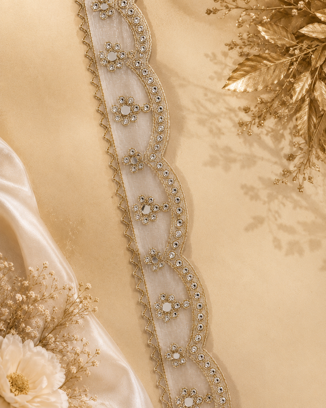 Decorative lace trim with floral patterns on a beige background with flowers.