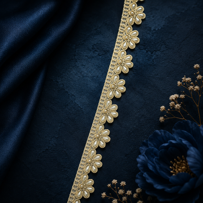 Golden Handmade Pearl Floral Lace Border (9 mtr) – Designer Ethnic Lace Trim for Saree, Lehenga & Dupatta