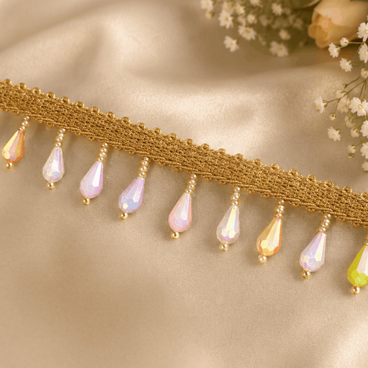 Golden Latkan Lace with Pastel Drop Beads (8 mtr) – Designer Hanging Lace Border for Saree, Lehenga & Dupatta