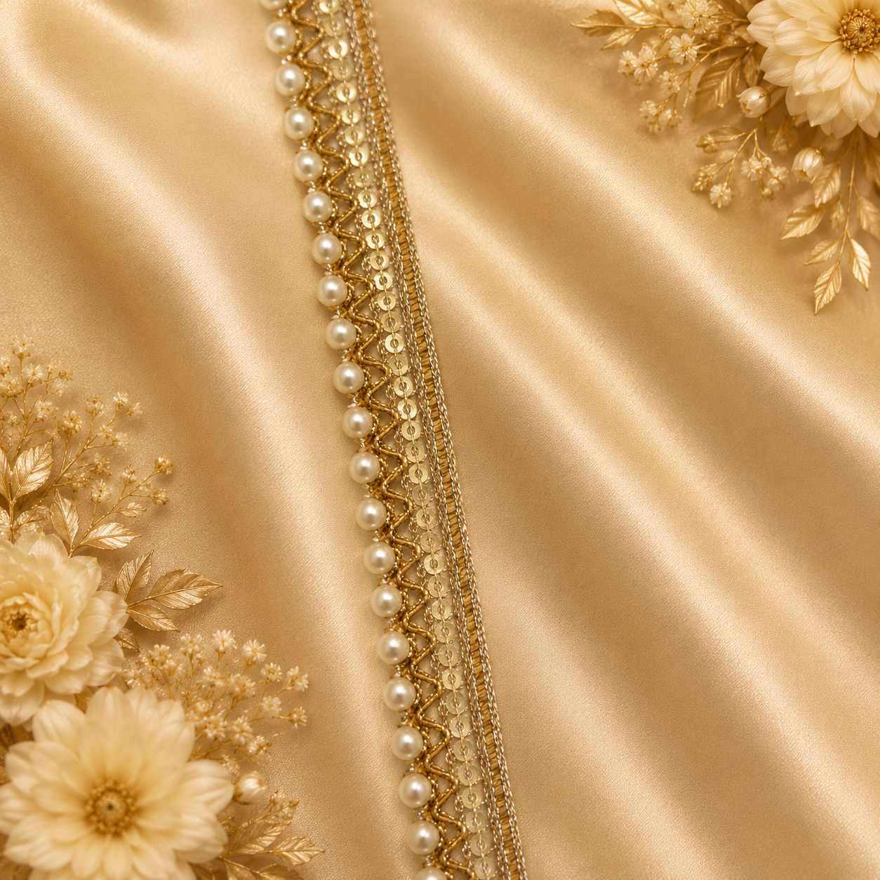 Golden Gota Lace with Pearl Border (9 mtr) – Designer Ethnic Lace Trim for Saree, Lehenga & Dupatta