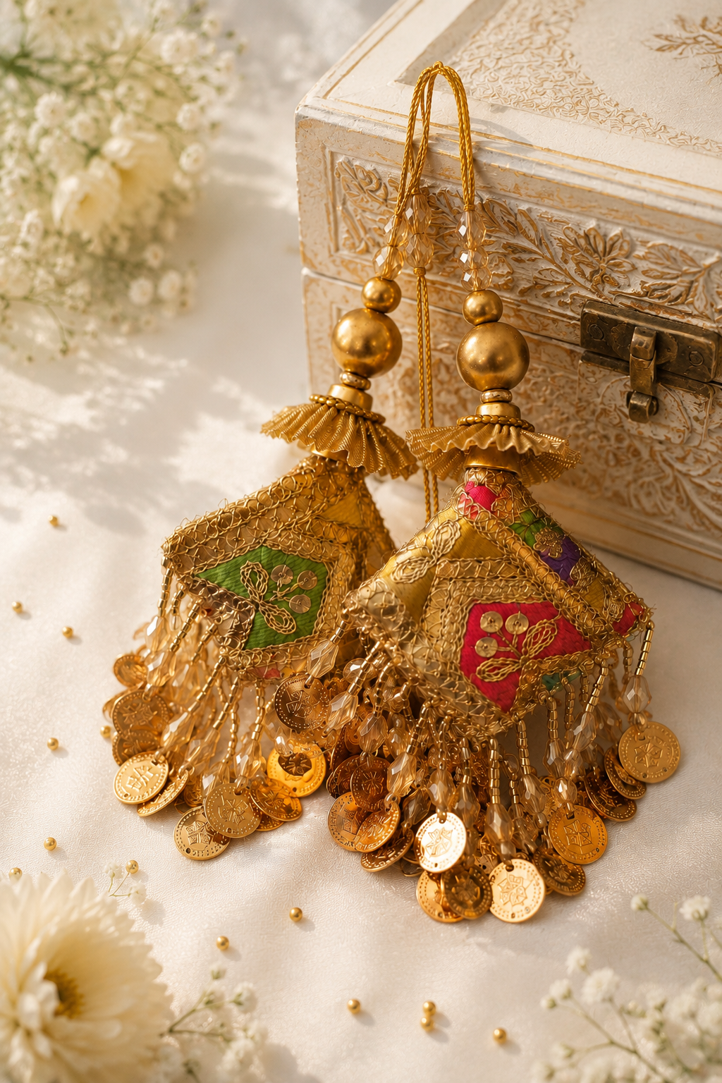 Gold tassel earrings with coins on a decorative box with flowers