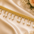 Golden Latkan Lace with Pearl Drop Beads (8 mtr) – Elegant Hanging Lace Border for Saree, Lehenga & Dupatta