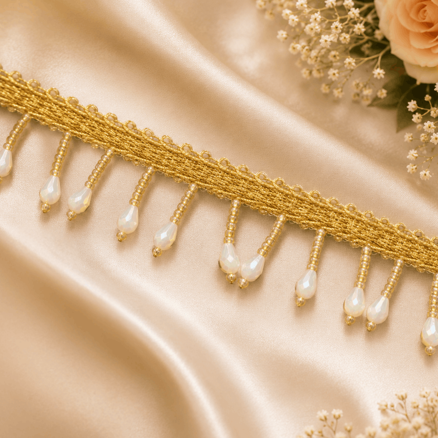 Golden Latkan Lace with Pearl Drop Beads (8 mtr) – Elegant Hanging Lace Border for Saree, Lehenga & Dupatta