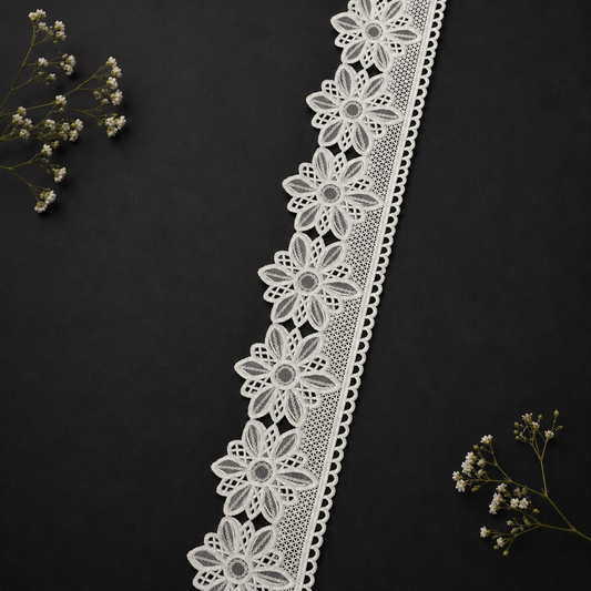 Premium Dryable White Floral Embroidered Lace Border – Designer Cotton Cutwork Lace for Dresses & Kurtis