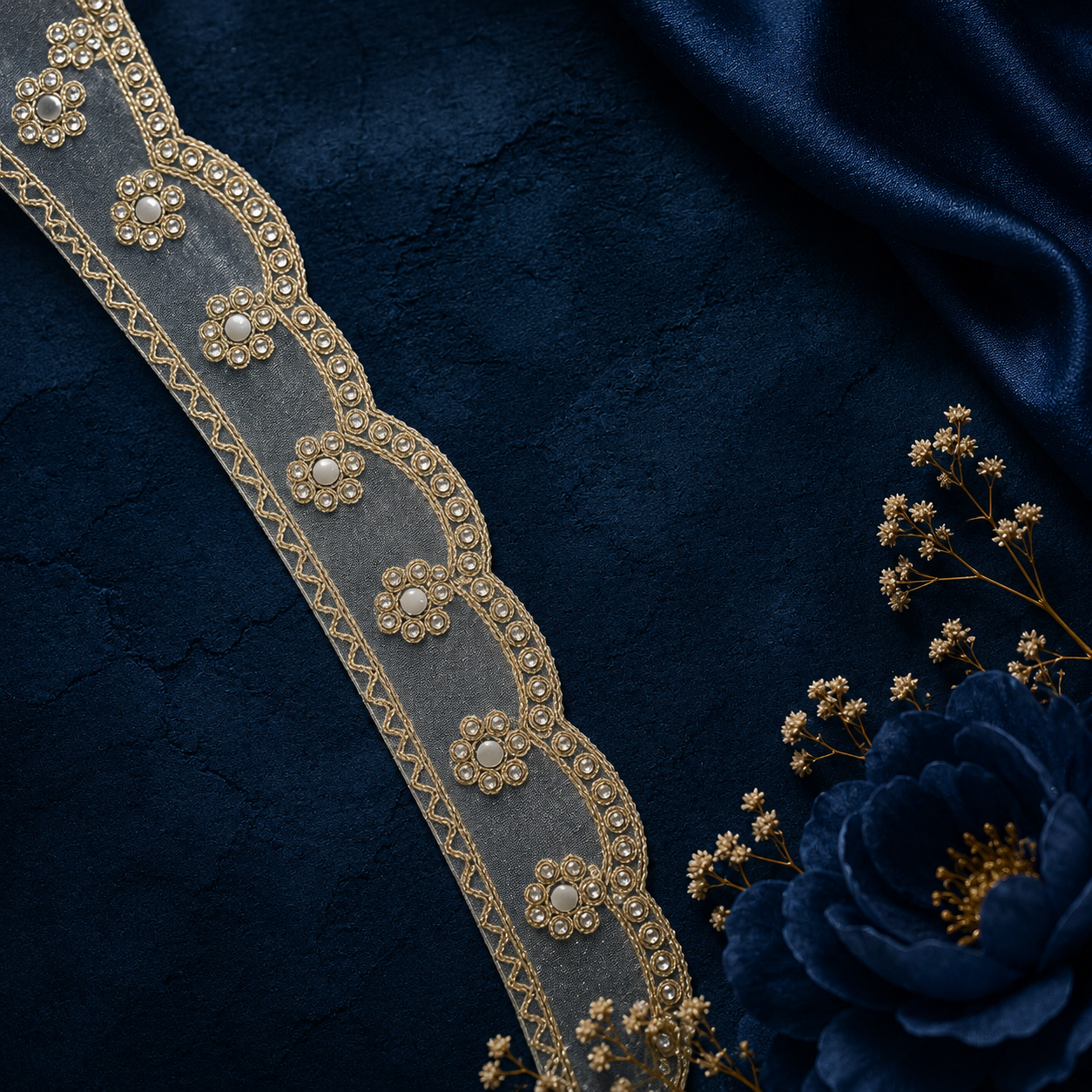 Golden Handmade Net Lace with Pearl Floral Motifs (9 mtr) – Designer Ethnic Border Lace for Saree, Lehenga & Dupatta