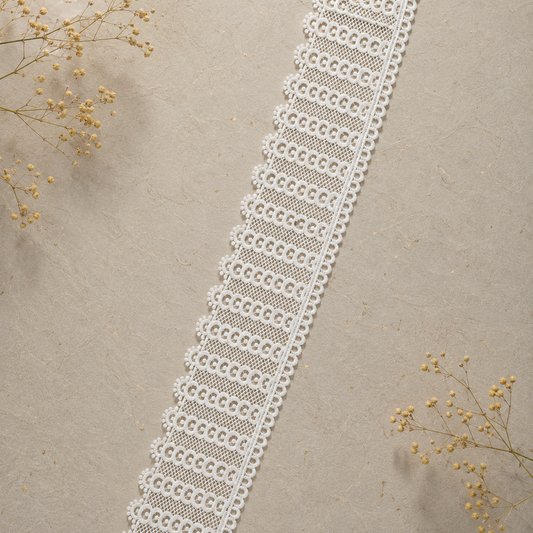 Premium Dryable White Geometric Embroidered Lace Border – Designer Cotton Cutwork Lace for Kurtis, Dresses & DIY Fashion