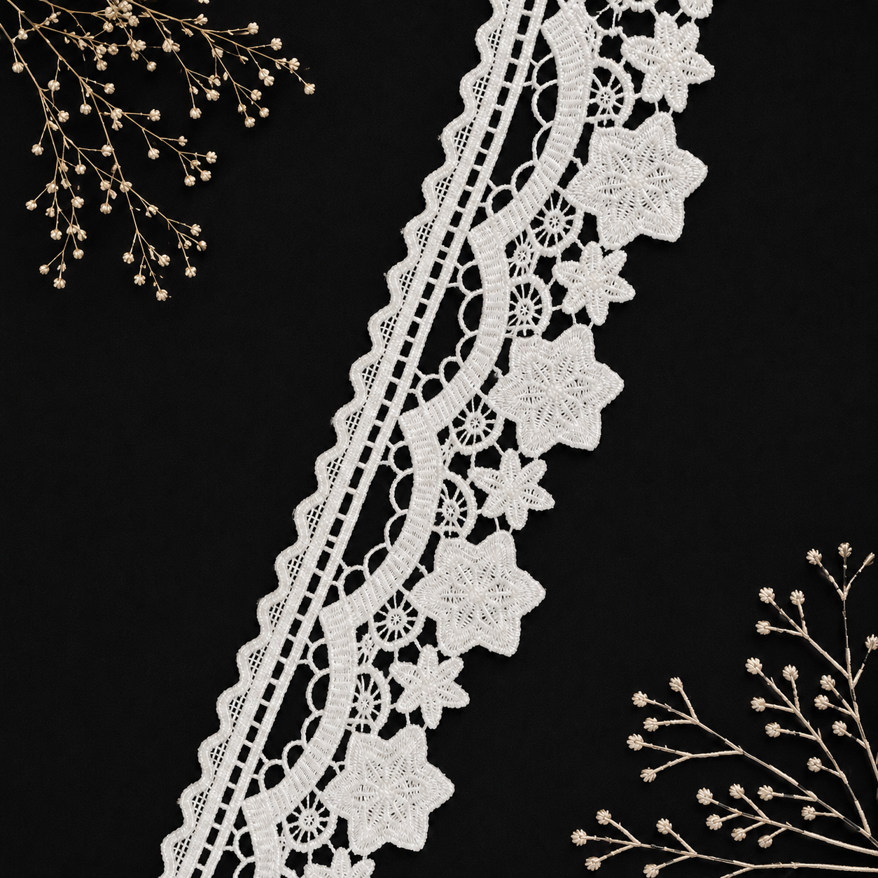 Premium Dryable White Floral Cutwork Lace Border – Designer Star Flower Embroidered Cotton Lace for Kurtis, Dresses & Sarees