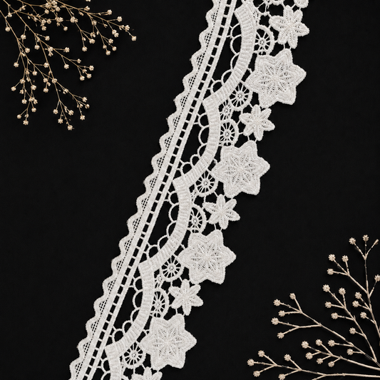 Premium Dryable White Floral Cutwork Lace Border – Designer Star Flower Embroidered Cotton Lace for Kurtis, Dresses & Sarees