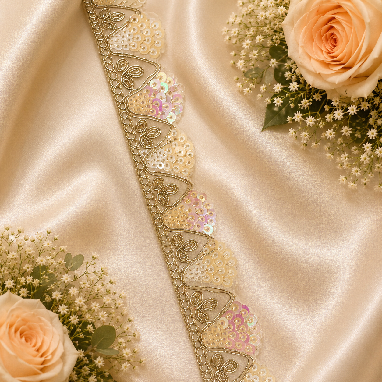 Designer Zardozi Sequin Lace Border (9 mtr) – Golden Embroidered Scallop Lace for Saree & Lehenga