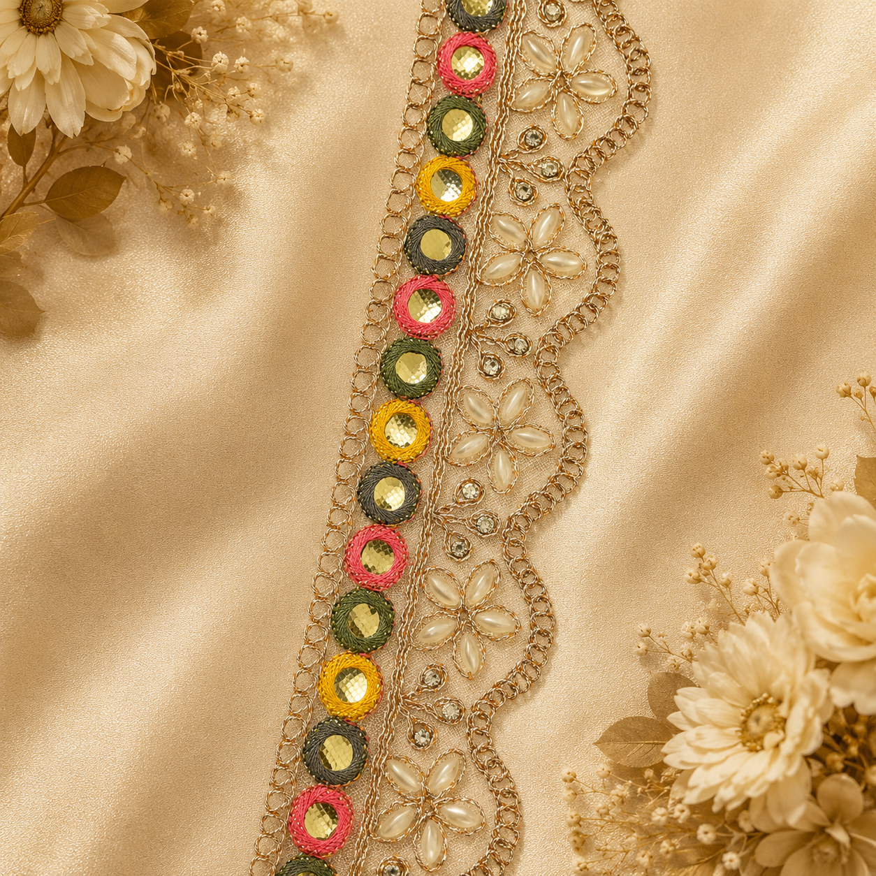 Multicolor Embroidered Floral Lace with Scallop Edge (9 mtr) – Designer Ethnic Border Lace for Saree, Lehenga & Dupatta