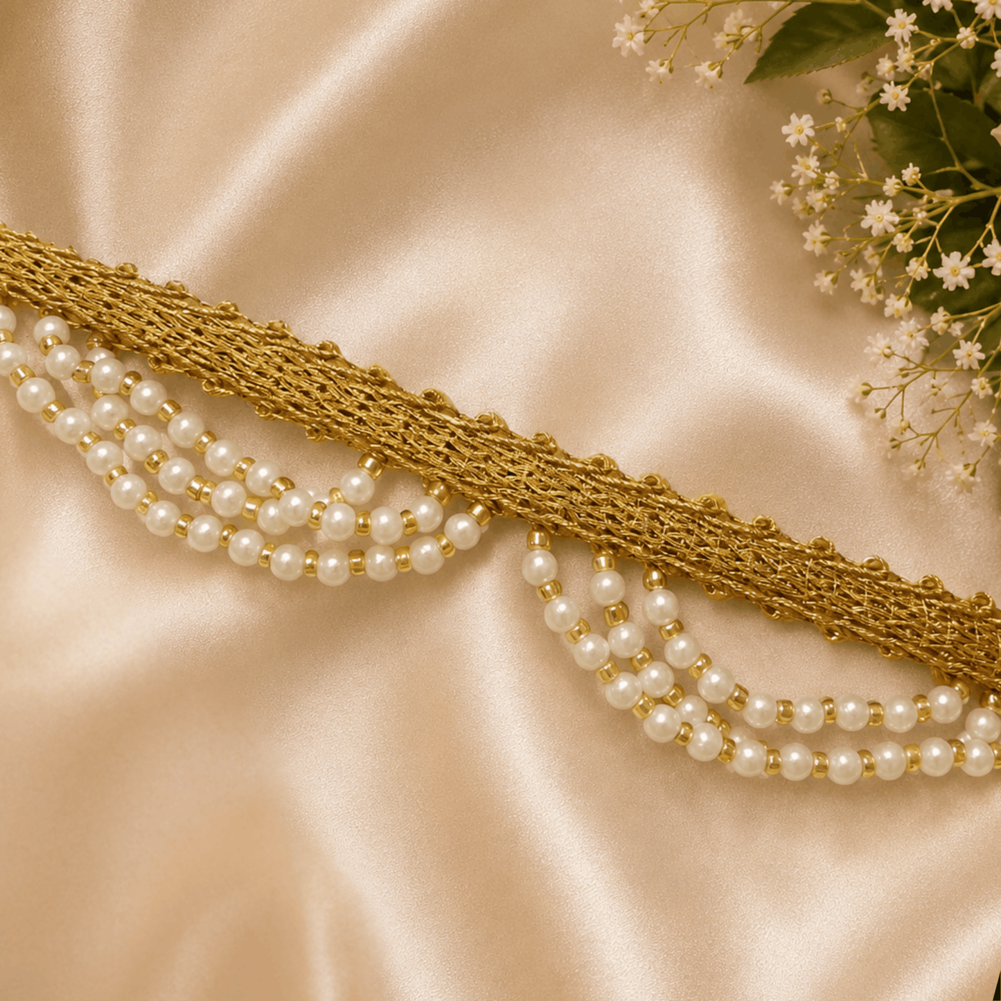 Pearl necklace with gold accents on a satin surface with flowers