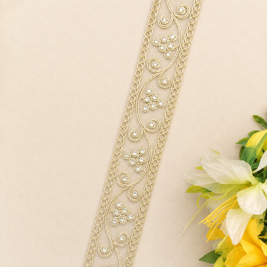 Elegant Golden Embroidered Lace with Stone Work (9 mtr) – Designer Floral Border Lace for Saree, Dupatta & Dresses
