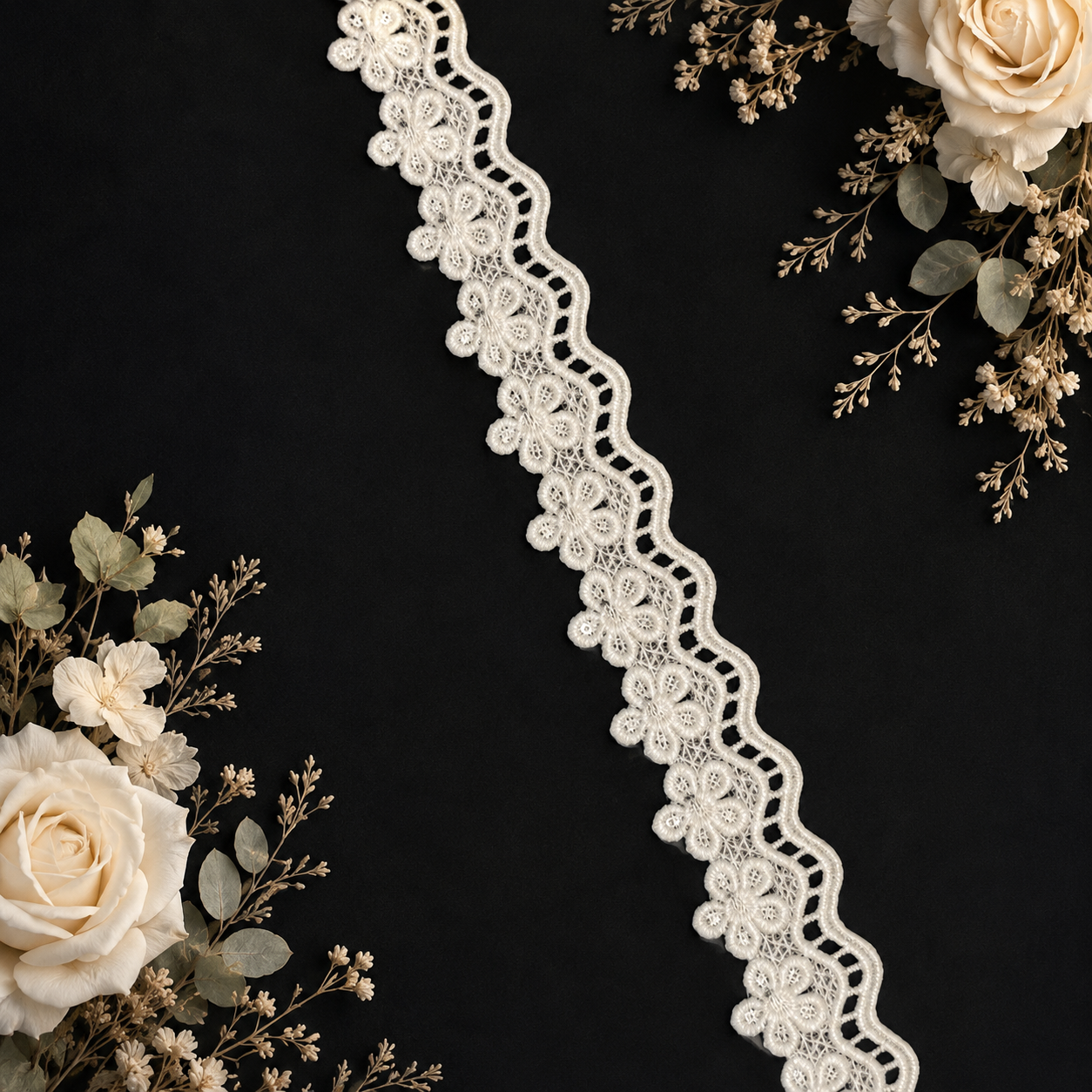 Premium Dryable White Floral Lace Border – Elegant Small Flower Embroidered Cotton Lace for Kurtis, Dresses & Sarees