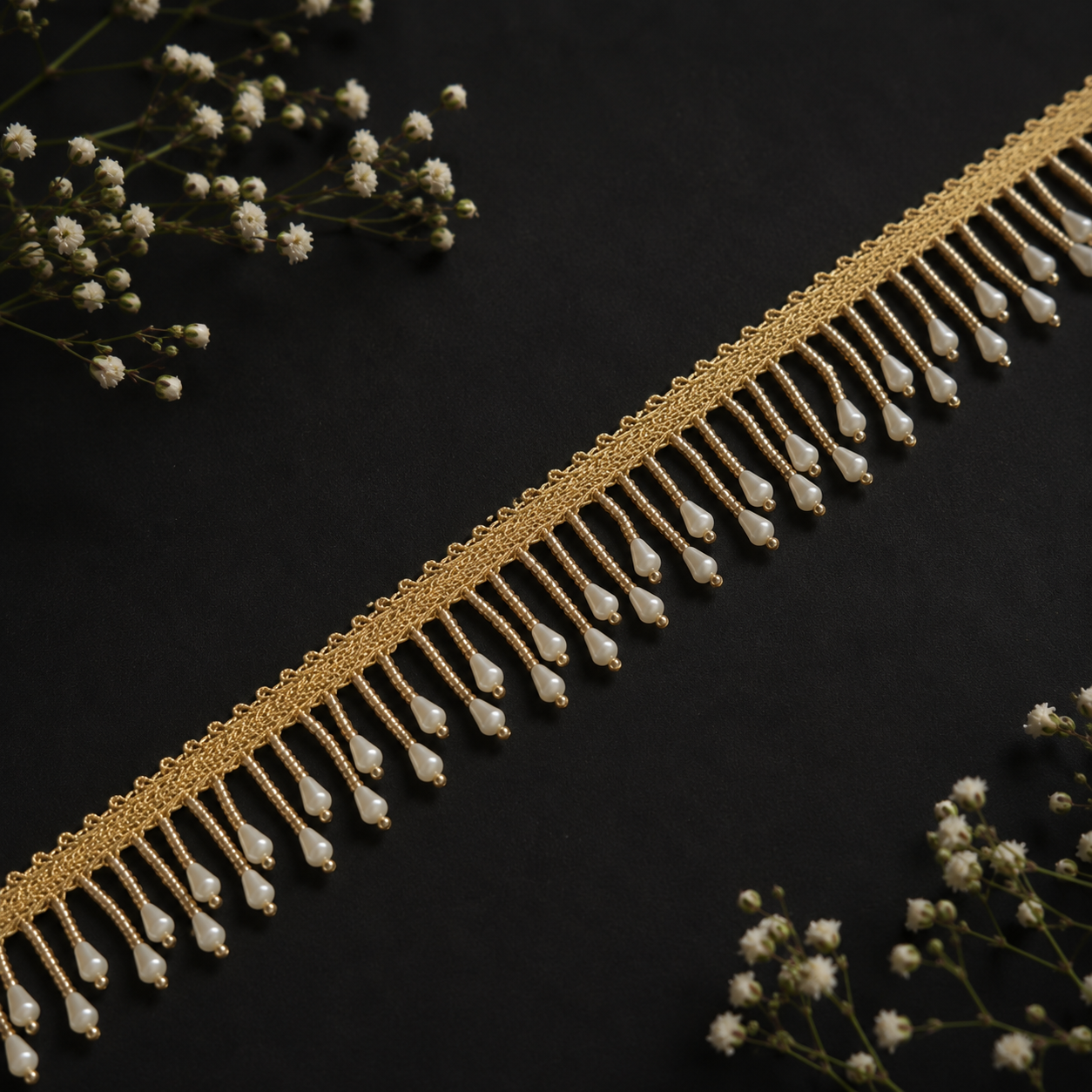 Golden Pearl Latkan Lace Trim – Designer Hanging Tassel Border for Saree, Lehenga, Dupatta & Blouse