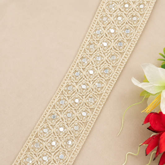 Off White Handmade Pearl & Mirror Lace (9 mtr) – Designer Ethnic Border Trim for Saree, Lehenga & Dupatta