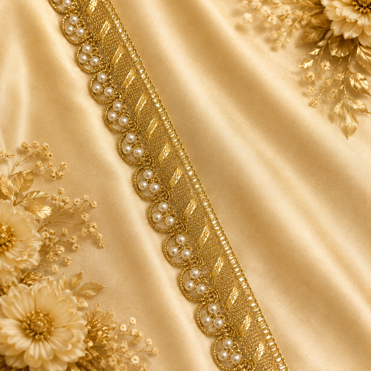 Golden Gota Patti Lace with Pearl Work (18 mtr) – Designer Ethnic Border Lace for Saree, Lehenga & Dupatta