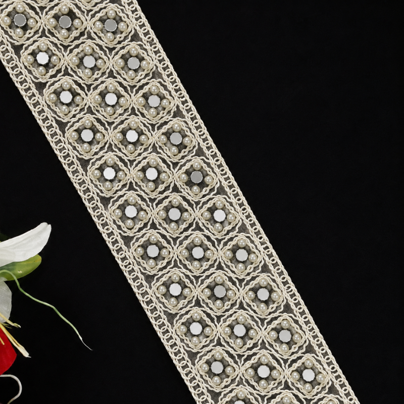 Off White Handmade Pearl & Mirror Lace (9 mtr) – Designer Ethnic Border Trim for Saree, Lehenga & Dupatta