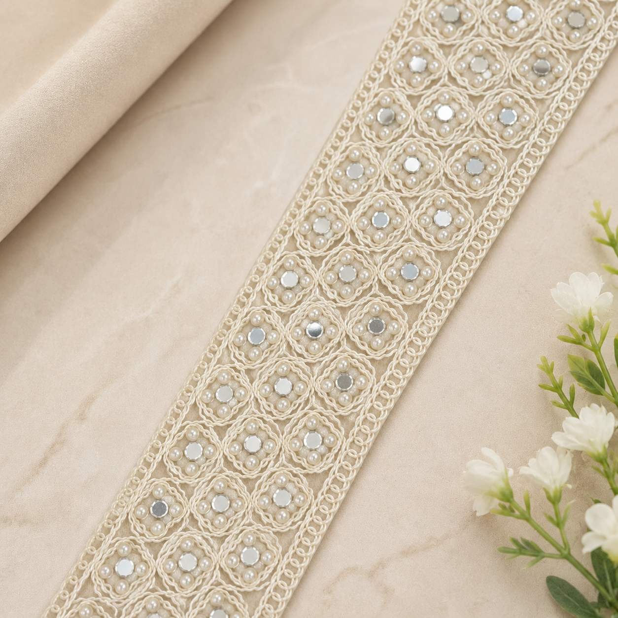 Decorative lace trim with beads on a beige fabric background