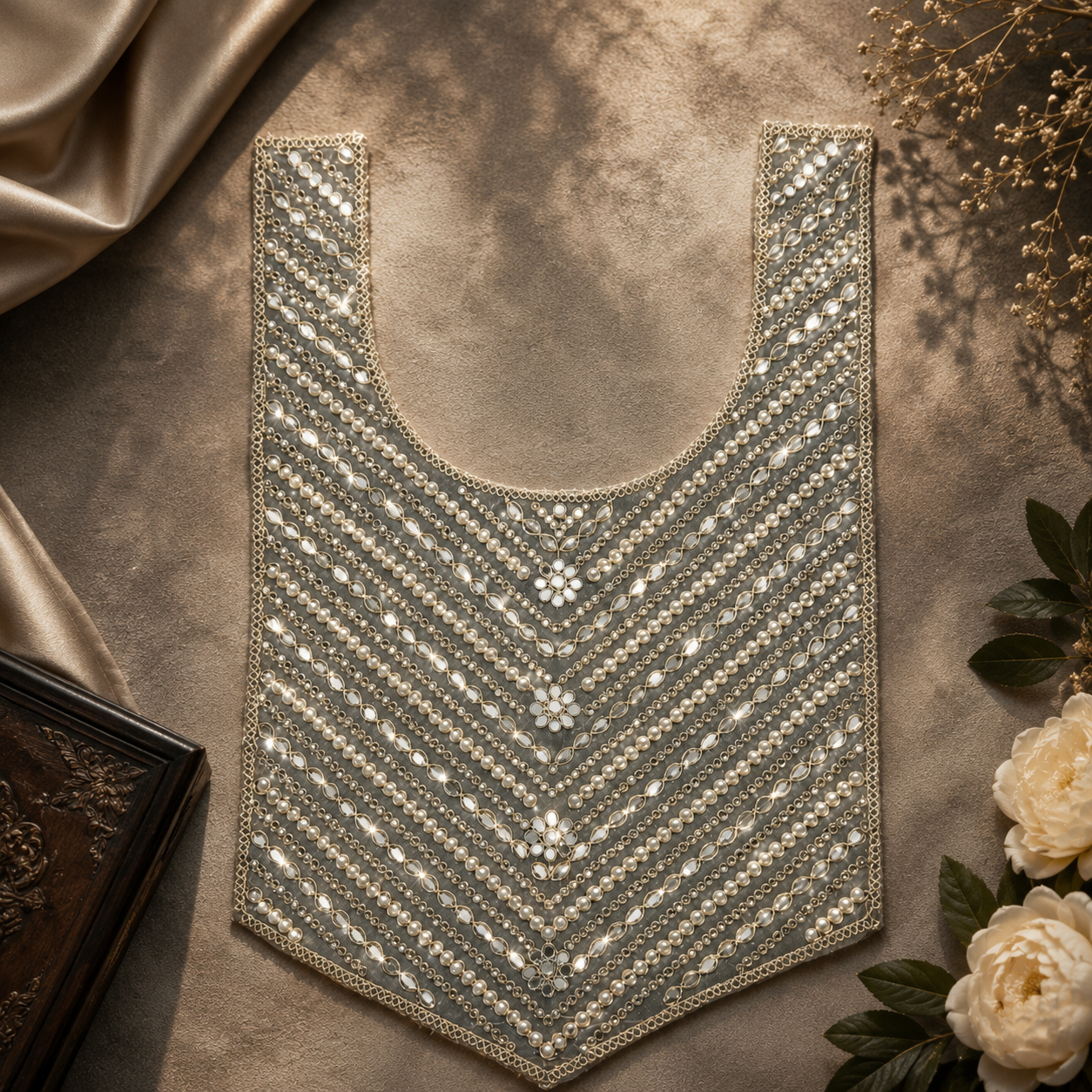 Decorative lace collar on a textured surface with flowers and a frame.