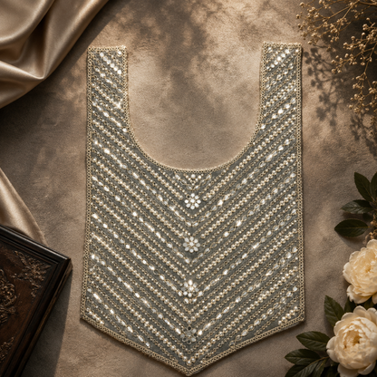 Decorative lace collar on a textured surface with flowers and a frame.