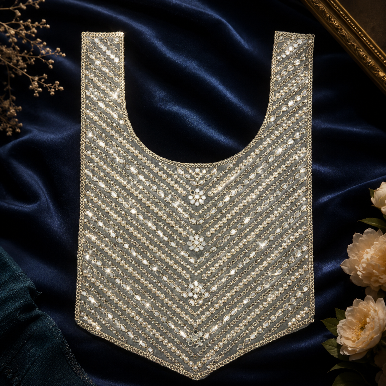 Golden Mirror & Pearl Work Neck Patch with Handcrafted Lace – Designer Ethnic Neckline Applique for Suits & Kurtis