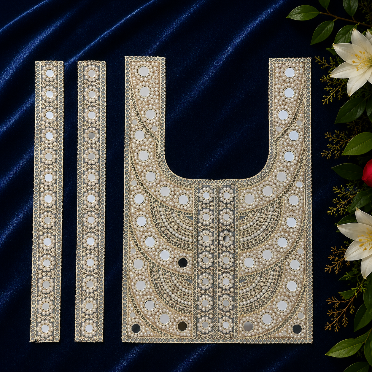 Mirror Work Neck Patch with Handcrafted Lace Set for Navratri Kurtis, Dresses & Tops – Golden