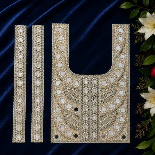 Mirror Work Neck Patch with Handcrafted Lace Set for Navratri Kurtis, Dresses & Tops – Golden