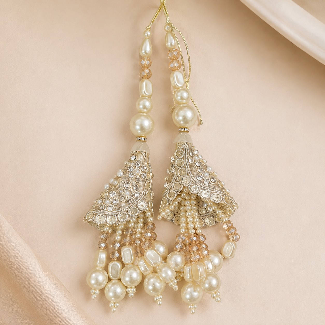Luxury Pearl & Crystal Tassels (Latkan) with Golden Embroidery (one pair) – Designer Bridal Hanging for Lehenga, Blouse & Dupatta