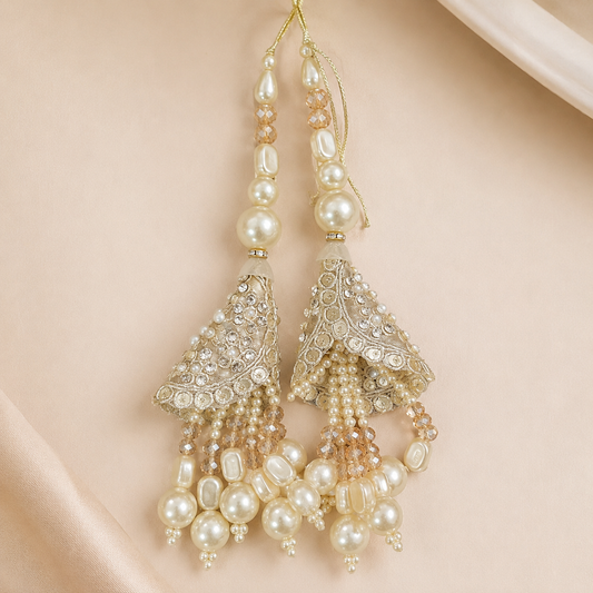 Luxury Pearl & Crystal Tassels (Latkan) with Golden Embroidery (one pair) – Designer Bridal Hanging for Lehenga, Blouse & Dupatta